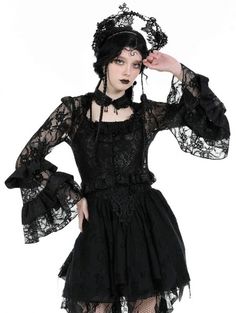 TW570 Goth Clothing, Petal Sleeve, Lace Neckline, Goth Outfits, Beaded Tassels