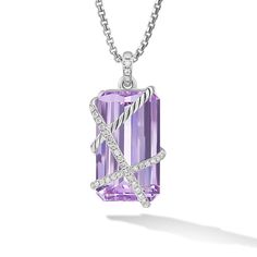 The Cable Wrap Collection redefines how a gemstone is set. Instead of using prongs or a bezel to hold the stone in place, it is elegantly wrapped with strands of Cable and diamonds. Sterling silver Lavendar amethyst, 32mm Pave-set diamonds, 0.92 total carat weight Amulet, 35 x 21.7mm Functioning bail allows pendant to attach to a necklace or bracelet. Style Number:D17554DSSAALDI Luxury Kunzite Jewelry With Accent Stones, Elegant Purple Jewelry With Polished Finish, Elegant Purple Pendant Gemstones, Luxury Purple Diamond-cut Jewelry, Luxury Lavender Amethyst Jewelry, Elegant Polished Amethyst Gemstones, Luxury Lavender Jewelry As A Gift, Luxury Kunzite Jewelry For Gifts, Elegant Kunzite Gemstones For Gifts