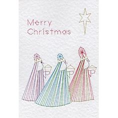 christmas card with three angels and the words merry christmas written in red, green, blue, and white