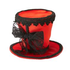 Everyone Will Give You A Proper Salutation In This Red Mini Top Hat. Sit Down For A Glass Of Tea In This Classy Timeless Hat With Silky Red Fabric, Black Embroidered Ribbon And Bow. Materials: Polyester Wash/Care Instructions: Spot Clean Red Christmas Costume Hat And Headpiece, Red Costume Accessories For Costume Party, Red Christmas Costume Hat, Red Adjustable Hat For Costume Party, Fitted Red Halloween Hat, Adjustable Red Hat For Costume Party, Red Costume Hat, Halloween Party Costume Hats With Short Brim, Red Carnival Costume Hats And Headpieces For Party