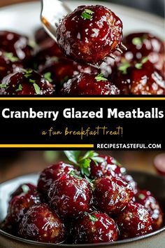 cranberry glazed meatballs in a white bowl with a spoon full of them