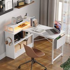 Create the perfect office space to work from home with Bestier white corner desk with storage. This l-shaped gaming desk with an open shelf cabinet fits snuggly in a corner to maximize your home office space. Equipped with an LED light, the l desk white with storage provides perfect illumination and atmosphere for your work or gaming sessions. The open shelf cabinet can be installed on both sides of the teacher desk to provide a perfect home for your binders and books but keep them within easy r Corner Desk With Storage, White Corner Desk, Diy Corner Desk, Gaming Computer Desk, Standing Desk Office, Shelf Cabinet, Studio Desk, Shape Games, Desk With Storage