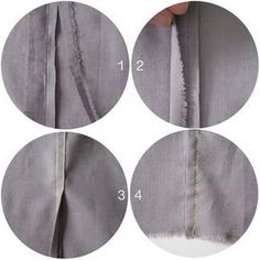 four pictures showing how to sew the bottom part of a dress with zippers