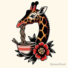 a giraffe eating out of a bowl with noodles