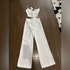 Zara High Waisted Pants And Crop Top Set Fitted High Waist Elegant Set, Chic Two-piece Pantsuit For Night Out, Chic Two-piece Spring Pantsuit, Elegant Two-piece Wide Leg Pantsuit, Elegant Two-piece Pants Set, Chic Two-piece Set Bottoms For Workwear, Elegant Cropped Bottoms For Summer, Elegant White Pant Set For Party, Elegant White Long Pants Set