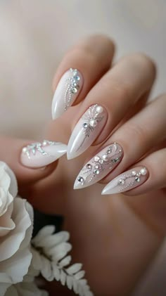 Wedding Inspired Nails, Wedding Nails Purple The Bride, Unique Wedding Nails For Bride, Bridal Nails Coffin, Almond Wedding Nails For Bride, Bridal Nail Design, Nail Designs Wedding