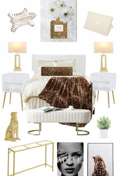 a bedroom with leopard print and white furniture