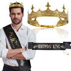 PRICES MAY VARY. ♥Birthday King♥ Happy birthday decorations for men! Stunning birthday party decorations and gifts for men! Eye catching birthday king crown and glitter birthday sash! Get it for the lucky men of the day! ♥Birthday Sash♥ Shiny glitter birthday sash, printed with “Birthday King”, reflects gorgeous glow on every angle. A golden pin comes along with the sash for easier adjustment to match all size of men ♥Quality Metal Crown�♥ Not Plastic! The birthday crown is definitely something y Men Crowns King, Birthday King Shirts For Men, Crown For Men, King's Crown Full Round, Birthday King Tshirt, Wedding Suits Men Grey, Gold King Crown, Boy Crown, Birthday King