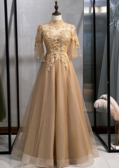 Gold A-line Evening Dress For Wedding, Gold A-line Evening Dress For Prom Season, Gold A-line Evening Dress For Gala, Gold Fitted A-line Evening Dress, Gold Gown With Gold Embroidery For Gala, Elegant Gold Evening Dress With Gold Embroidery, Gold Floor-length Evening Dress With Gold Embroidery, Elegant Gold Embroidered Gown, Formal Gold Embroidered Gown