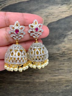 AD white and Red stone Jhumkas Ad Earrings, Diamond Red, Short Neck, Neck Piece, American Diamond, Red Stone, Social Events, White And Red, Ear Studs