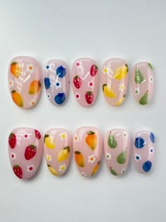 ☆ Fruit Themed Nails ☆ Strawberries, blueberries, mangoes, pears, and lemons (or any fruit of your choosing)!  ------- ☆ Why Angelis Nail Studio?: ANS press-ons are made with high quality gels and supplies. I have over 3.5 years of experience with gel nail art and truly put my best effort into each and every set! <3 All sets are made with Apres Gel-X soft gel nail tips, meaning you'll be receiving some of the most durable and flexible nails available. In other words, you'll have salon-quality, r Pastels Nail Designs, Pastel Fruit Nails, Cute Fruit Nail Designs, Strawberry Themed Nails, Nails Fruit Design, Fruit Inspired Nails, Fruit Themed Nails, Short Fruit Nails, Pear Nails