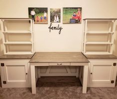 a white desk with two bookshelves and pictures on the wall above it that says family