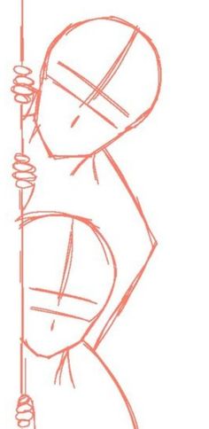 a drawing of a person holding a pole with one hand and the other arm behind it