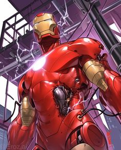 an iron man is standing in front of a building with his hands on his hips