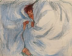 a drawing of a woman wrapped in a blanket