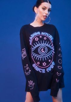 Horoscopez Neon Sign Graphic Tee - Black | Dolls Kill Long Sleeve Graphic Tee, Goth Glam, Tulle Midi Skirt, The Misfits, Distressed Sweaters, Lace Set, Black Dolls, Tie Dye Long Sleeve, Black Doll