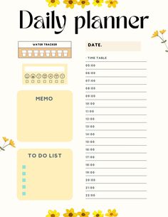 a daily planner with yellow flowers on it and the words, daily planner to do list