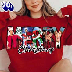 a woman wearing a merry christmas shirt with pictures of people on the front and back