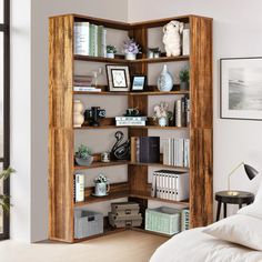 an open bookcase in the corner of a bedroom