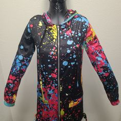 Women's Size Small Jacket (Jacket Can Be Cinched Up By Using The Side Ties) Multicolor Hooded Jacket For Fall, Multicolor Casual Winter Hooded Jacket, Casual Multicolor Hooded Winter Jacket, Casual Multicolor Winter Hooded Jacket, Multicolor Hooded Jacket With Pockets For Fall, Multicolor Hooded Jacket With Adjustable Hood For Fall, Multicolor Winter Hooded Jacket With Drawstring, Multicolor Winter Hoodie Outerwear, Multicolor Hooded Jacket With Double-lined Hood For Fall