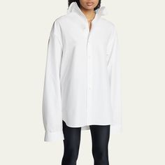 Balenciaga poplin shirt Kick collar; button front Long wide sleeves; button cuffs Oversized fit Cotton Made in Italy Oversized Poplin Shirt, Poplin Shirt, Wide Sleeves, Bergdorf Goodman, Oversized Fits, Balenciaga, Tops Designs, In Italy, Italy