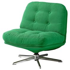 a bright green chair with chrome legs and an arm rest on a metal base, viewed from the front