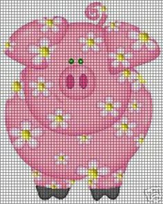 a pink pig with yellow stars on it's chest is shown in this cross stitch pattern