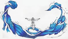 a drawing of a man standing on top of a wave with his arms spread out