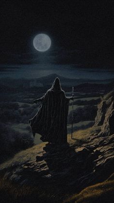 a painting of a person standing on a hill with a sception in his hand