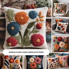 a bunch of pillows with flowers on them and the words bundle floral punch needle patterns