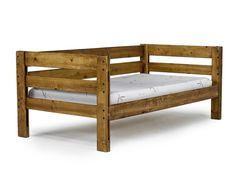 a wooden bed frame with no mattress on top and white sheets in the bottom half