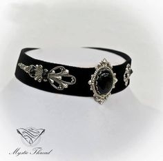 Black velvet choker with black by MysticThreadDesigns on Etsy Antique Adjustable Choker As Gift, Ornate Choker Necklace For Formal Occasions, Ornate Formal Jewelry Choker, Ornate Formal Choker Jewelry, Elegant Silver Choker With Oxidized Finish, Elegant Silver Oxidized Finish Choker, Victorian Choker Necklace For Formal Occasions, Vintage Silver Jeweled Choker, Vintage Silver Choker With Jewels