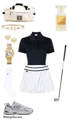 a women's tennis outfit with accessories including a watch, shoes, and bag