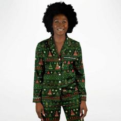 Indulge in the luxury you truly deserve. Treat yourself to a remarkable night's sleep this Holiday Season with our exquisite Christmas Tree African Print satin pajama set, adorned with a captivating Christmas Trees. Crafted to offer unparalleled comfort, these pajamas will have you feeling like royalty as you slip into a tranquil slumber.Experience the unmatched softness of our satin fabric, akin to the gentle touch of butter on your skin. The supple, satiny texture guarantees you'll ascend to c Satin Pajama Set, Satin Pajama, Holiday Patterns, Satin Pyjama Set, Green Christmas Tree, Medical Scrubs, Gentle Touch, Satin Pajamas, Green Christmas