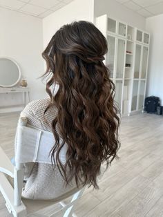 the back of a woman's head with long, wavy hair in a salon