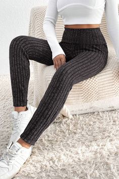 Experience the ultimate comfort and style in our Black Wide Waistband Ribbed Textured Knit Leggings! Designed with a high waist for a flattering, skinny fit, they're easy to slip on and provide a comfortable, elastic fit. The ribbed knit fabric adds texture and fashion-forward appeal, making them a favorite among all ages. Take your wardrobe to the next level with these must-have leggings! Shop now! Material: 95% Polyester, 5% Elastane Designer Leggings, Textured Leggings, Fashion Bottoms, Legging Outfits, Legging Sport, High Waist Leggings, Ribbed Leggings, Knit Leggings, Leggings Casual