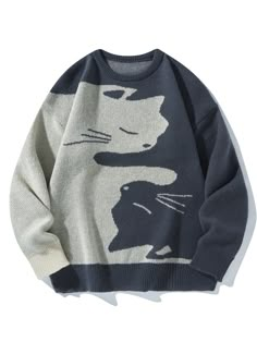 Men's Cat Printed Round Neck Sweater , Drop Shoulder Baggy Crew Long Sleeve Pullover , Graphic Color Block Dark Grey Going Out Academia Friends Multicolor Casual  Long Sleeve Fabric Cartoon Pullovers Slight Stretch  Men Clothing, size features are:Bust: ,Length: ,Sleeve Length: Baggy Knitted Sweaters Men, V Neck Oversized Sweater Men, Cute Mens Sweater, Graphic Knitted Sweater Men, Soft Boy Sweaters & Cardigans, Mens Oversized Sweaters, Chunky Men Sweater, Hippie Sweaters Men, Graphic Print Sweater