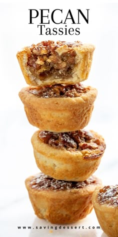 pecan tarts stacked on top of each other with text overlay that reads pecan tastys