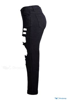 OrcaJump - Stylish Black Denim Pants with Distinctive Broken Holes Design Non-stretch Distressed Black Jeans, Black Non-stretch Distressed Jeans, Black Ripped Wide Leg Jeans, Black Ripped Wide Leg Bottoms, Ripped Wide Leg Black Bottoms, Casual Ripped Black Jeans, Black Wide Leg Ripped Bottoms, Spring Black Ripped Jeans, High Rise Black Distressed Jeans