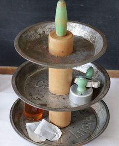 three tiered trays with different items on them