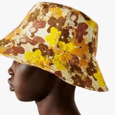 Brand New With Tags Zara Retro Floral Print Bucket Hat (Size Small) This Bucket Hat Can Be Taken Straight Into Fall With Earthy Rendered In A Palette Of Bright, Uplifting Browns And Orange Hue Tones, Printed Accessory Is A Standout Staple. This Sweetly Hat Lends A Dose Of Sartorial Sunshine To Summertime Ensembles Multicoloured | 0653/215 Material & Care: * 100% Cotton * Spot Clean * Imported Comes From A Smoke/Pet Free Home! Yellow Summer Bucket Hat For Spring, Trendy Yellow Sun Hat For Vacation, Yellow Bucket Hat Sun Hat, Yellow Bucket Hat For Beach, Casual Yellow Bucket Hat, Adjustable Yellow Bucket Hat For Spring, Trendy Yellow Sun Hat For Spring, Yellow Sun Hat With Short Brim For Summer, Yellow Short Brim Sun Hat For Summer