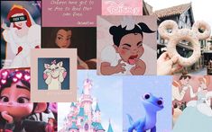 the collage has pictures of disney characters and princesses in them, including one with a donut