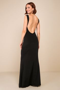 The Lulus Inspiring Glamour Black Backless Column Maxi Dress is a compliment-worthy look that'll effortlessly impress everyone you meet! This figure-flaunting gown has a slinky jersey knit construction that shapes a subtle cowl neckline, slender tank straps, and a sleeveless bodice with an alluring open-back design. The flattering column silhouette continues down to a sweeping maxi hem for the most elegant finish. Fit: This garment fits true to size. Length: Floor length. Size medium measures 52 Full Length Formal Dresses, Winter Formal Dresses Open Back, Backless Long Black Dress, Backless Dress Drawing, Barristers Ball Law School Dress, Elegant Open Back Dress, Prom Open Back Dresses, Unique Black Formal Dress, Casual Backless Dress