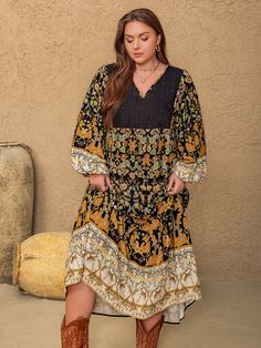 Features: Basic style Sheer: Opaque Stretch: No stretch Body: Not lined Material composition: 95% viscose, 5% polyester Care instructions: Machine wash cold. Tumble dry low. Imported Size US Length Shoulder Sleeve Length Waist Bust 0XL 14W 51.6 16.5 24 44.9 0 1XL 16W 52.4 17.1 24.6 47.2 0 2XL 18W 53.1 17.7 25.2 49.6 0 3XL 20W 53.9 18.3 25.8 52 0 Curvy Boho, 50th Clothing, Plus Size Floral, Black Floral Print, Midi Dress With Sleeves, Sleeve Midi Dress, Vestido Casual, Loose Dress, Boho Stil