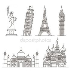 the world famous landmarks line art drawing, travel illustration, outline drawings, architecture design, building structure, monuments of the world, person, countries, paris skyline, france