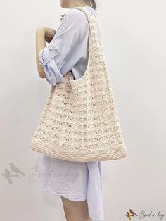 Bird in Bag - Solid Color Knit Tote with Stylish Hollow Out Design Casual White Knitted Shoulder Bag, Cream Crochet Bag For Spring, Casual Cream Crochet Bag For Spring, Casual Cream Knitted Shoulder Bag, Casual Knitted Shoulder Bag For Spring, Cream Knitted Summer Bag, Cream Knitted Bag For Summer, Everyday Summer Crochet Bag, Knitted Shoulder Bag For Spring