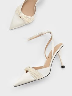 White Beaded Satin Ankle-Strap Pumps - CHARLES & KEITH US Charles And Keith White Heels, Elegant Satin High Heel Slingback Pumps, Elegant Satin Slingback High Heel Pumps, Evening Satin Slingback Pumps, Satin High Heel Slingback Pumps, Elegant Satin Slingback Pumps With Pointed Toe, Satin Slingback Pumps For Evening, Satin Slingback Pumps With Pointed Toe For Party, Satin Pointed Toe Slingback Pumps For Party