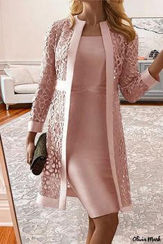 Olivia Mark - Chic Lace Hollow Out Two-Piece Set with Long Sleeves Long Sleeve Suit, Suit Type, Lace Cardigan, Mini Robes, Elegant Pattern, Mom Stuff, Casual Lace, Lace Fashion, Dress With Cardigan