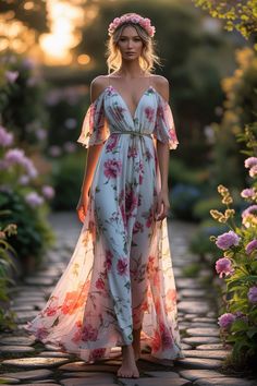 A woman in a flowing floral maxi dress with off-the-shoulder sleeves, walking barefoot on a cobblestone garden path surrounded by blooming flowers at golden hour. Garden Date, Bohemian Chic Dresses, Chic Dressing, Romantic Outfit, Off Shoulder Fashion, Date Outfit, Romantic Garden, Soft Curls, Garden Parties