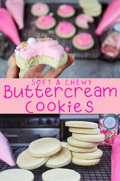 soft and chewy buttercream cookies with pink frosting on top are ready to be eaten